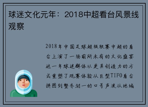 球迷文化元年：2018中超看台风景线观察