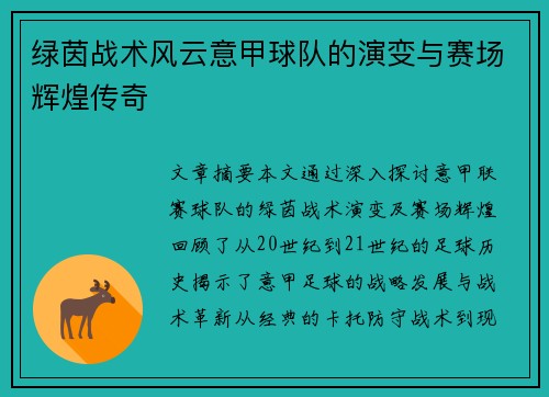 绿茵战术风云意甲球队的演变与赛场辉煌传奇